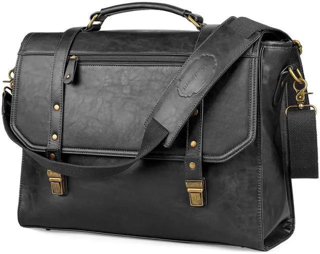 Main image of Mens messenger bag 17 inch, Waterproof Faux Leather Laptop Briefcase Large Computer Laptop Bag Leather Satchel Bag Retro Shoulder Bag for Office Business Travel College Black