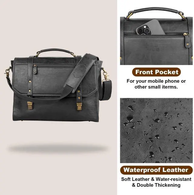 Alt view image 4 of 5 - Mens messenger bag 17 inch, Waterproof Faux Leather Laptop Briefcase Large Computer Laptop Bag Leather Satchel Bag Retro Shoulder Bag for Office Business Travel College Black