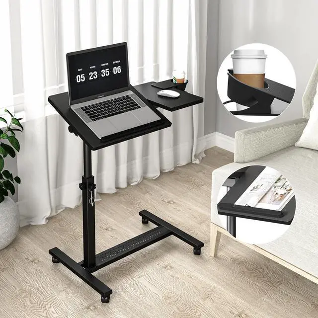 Main image of Panta Height Adjustable Rolling Laptop Stand, Overbed Table with 2 Tilting Desktops, Mobile Laptop Table for Couch with Cup Holder, Mobile Computer Workstation for Office, Home and Hospital