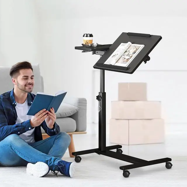Alt view image 2 of 5 - Panta Height Adjustable Rolling Laptop Stand, Overbed Table with 2 Tilting Desktops, Mobile Laptop Table for Couch with Cup Holder, Mobile Computer Workstation for Office, Home and Hospital