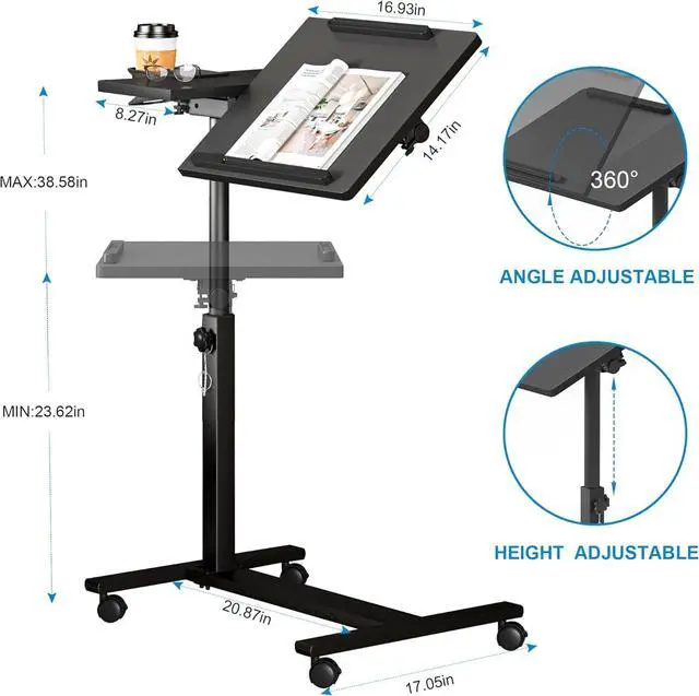 Alt view image 5 of 5 - Panta Height Adjustable Rolling Laptop Stand, Overbed Table with 2 Tilting Desktops, Mobile Laptop Table for Couch with Cup Holder, Mobile Computer Workstation for Office, Home and Hospital