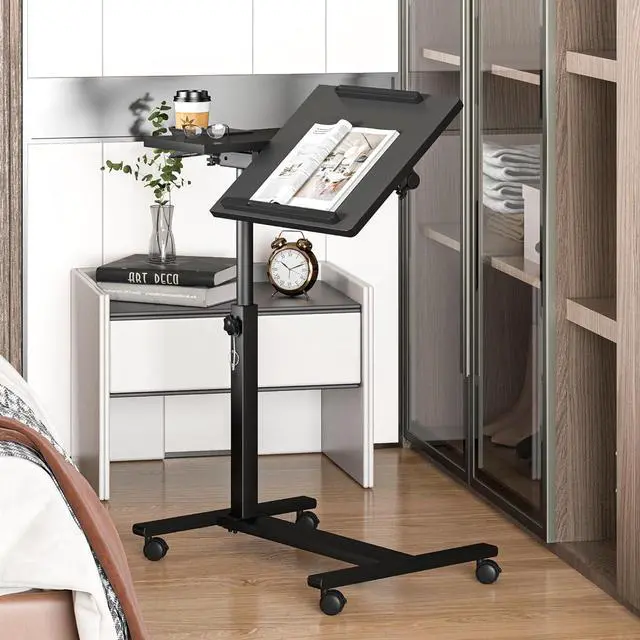 Alt view image 4 of 5 - Panta Height Adjustable Rolling Laptop Stand, Overbed Table with 2 Tilting Desktops, Mobile Laptop Table for Couch with Cup Holder, Mobile Computer Workstation for Office, Home and Hospital