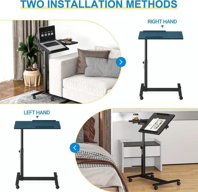 Alt view image 3 of 5 - Panta Height Adjustable Rolling Laptop Stand, Overbed Table with 2 Tilting Desktops, Mobile Laptop Table for Couch with Cup Holder, Mobile Computer Workstation for Office, Home and Hospital