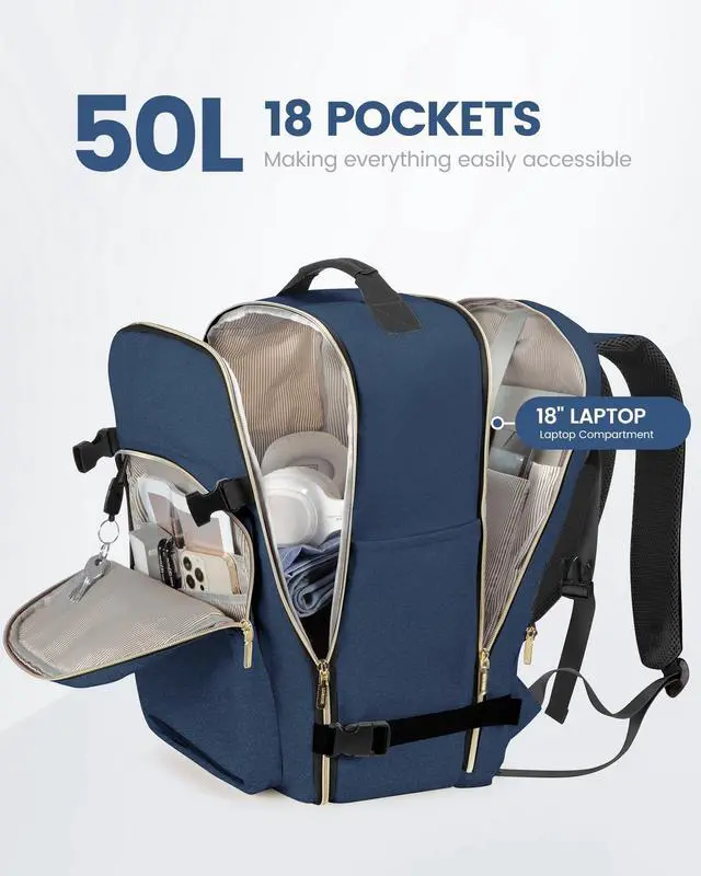 Alt view image 3 of 5 - LOVEVOOK Carry on Travel Backpack, 50L Waterproof Large 18inch Laptop Luggage Daypack as Personal Item Flight Approved, Business Weekender Overnight with 3 Packing Cubes, Blue green-Black