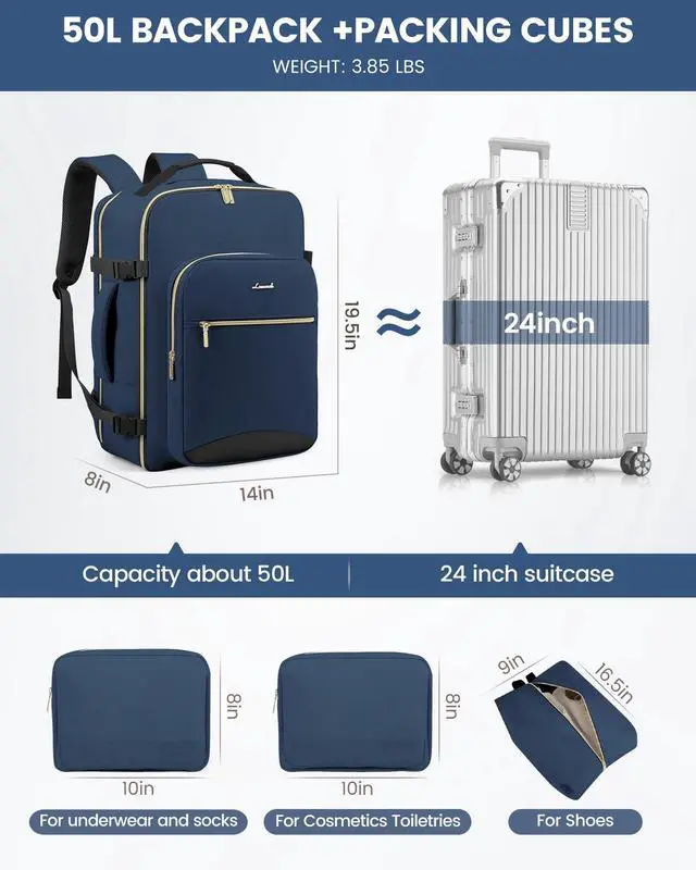 Alt view image 5 of 5 - LOVEVOOK Carry on Travel Backpack, 50L Waterproof Large 18inch Laptop Luggage Daypack as Personal Item Flight Approved, Business Weekender Overnight with 3 Packing Cubes, Blue green-Black