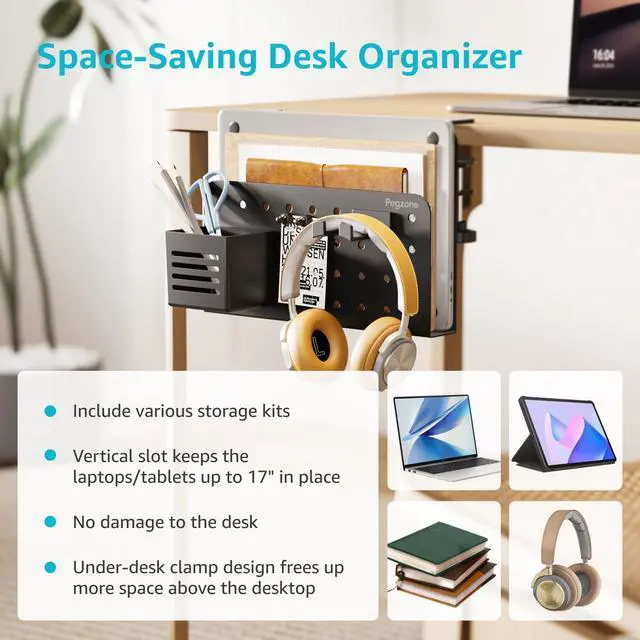 Alt view image 4 of 5 - PEGZONE Desk Side Storage Organizer No Drill Under Desk Laptop Holder Bundle with Clamp on Desk Pegboard Storage for Controller Headset