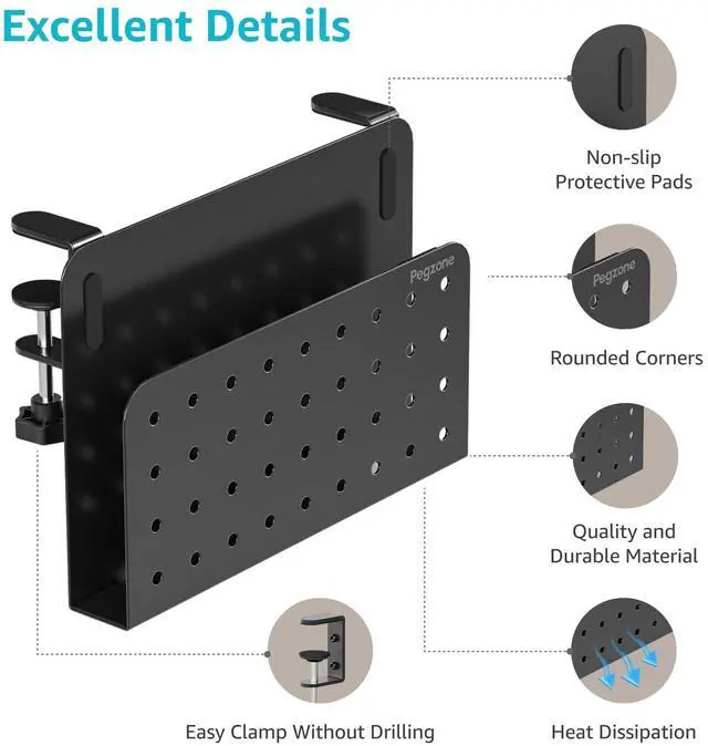 Alt view image 3 of 5 - PEGZONE Desk Side Storage Organizer No Drill Under Desk Laptop Holder Bundle with Clamp on Desk Pegboard Storage for Controller Headset