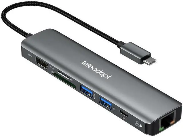 Main image of Teleadapt USB C Hub Ethernet, 7 in 1 USB Hub Multiport Adapter for Laptop, HDMI 4K, 1Gbps Ethernet, 100W Power Delivery, USB 3.0, SD/TF Card Reader, Hub USB Adapter for MacBook, iPad Pro, XPS