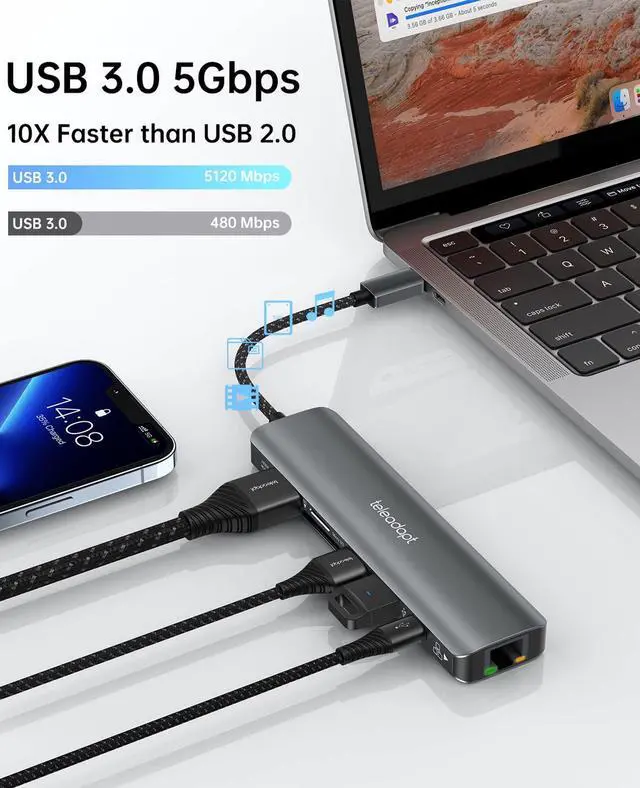 Alt view image 3 of 4 - Teleadapt USB C Hub Ethernet, 7 in 1 USB Hub Multiport Adapter for Laptop, HDMI 4K, 1Gbps Ethernet, 100W Power Delivery, USB 3.0, SD/TF Card Reader, Hub USB Adapter for MacBook, iPad Pro, XPS