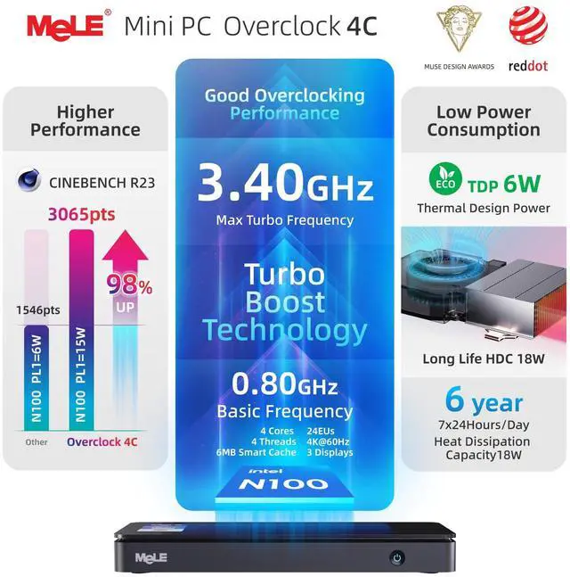 Alt view image 4 of 5 - MeLE Reddot Winner Mini PC Overclock4C N100(up to 3.4GHz) with Windows 11 Pro 16GB RAM, 512GB Storage, Mini Desktop Computer, Triple Screen Display, Full Function USB-C on Office Education Home