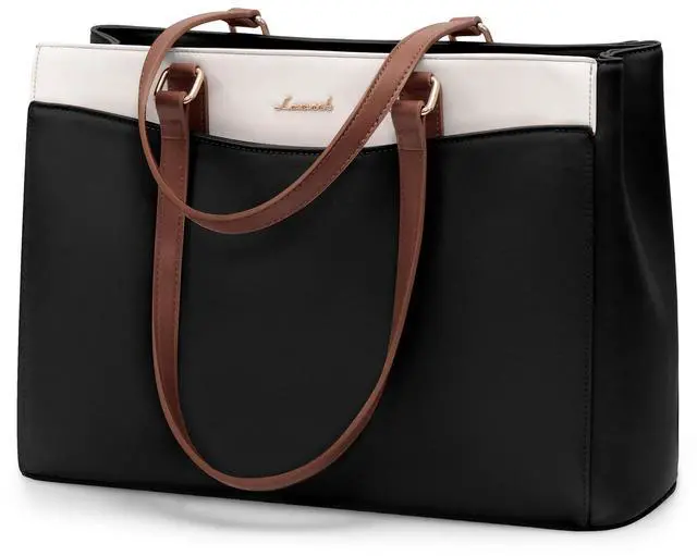 Main image of LOVEVOOK Laptop Tote Bag for Women, Work Bags Teacher Tote Bag, Waterproof Leather Computer Bag, Business Laptop Purse Office Handbag Professional Briefcase, 17 Inch, Black-Beige-Brown