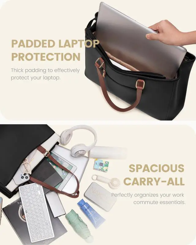 Alt view image 4 of 5 - LOVEVOOK Laptop Tote Bag for Women, Work Bags Teacher Tote Bag, Waterproof Leather Computer Bag, Business Laptop Purse Office Handbag Professional Briefcase, 17 Inch, Black-Beige-Brown