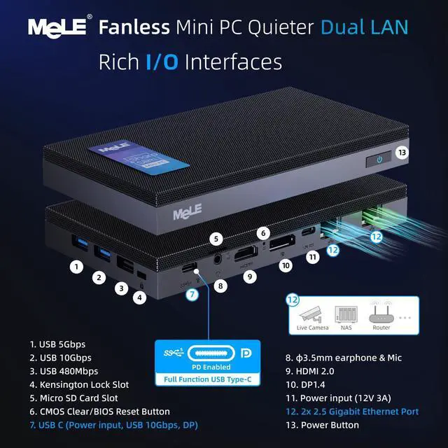 Alt view image 2 of 5 - MeLE QuieterDL Fanless Mini PC 2.5Gb Dual LAN N100(up to 3.4GHz) 8GB RAM 256GB Storage Micro PC Small Form Factor PC USB-C HDMI2.0+DP1.4 Triple Display Desktop Computers for Astrophotography