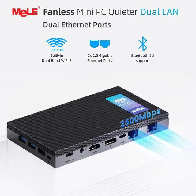 Alt view image 5 of 5 - MeLE QuieterDL Fanless Mini PC 2.5Gb Dual LAN N100(up to 3.4GHz) 8GB RAM 256GB Storage Micro PC Small Form Factor PC USB-C HDMI2.0+DP1.4 Triple Display Desktop Computers for Astrophotography