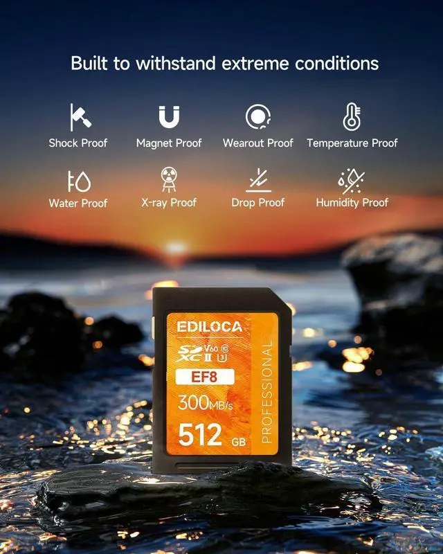 Alt view image 3 of 5 - 512GB UHS-II SD Card V60 Memory Cards for Professional Camera 4K/6K Video - 300MB/s Read, 200MB/s Write, Shockproof & Waterproof High-Speed Storage, U3 Class 10 Compatible with Canon (EF8)