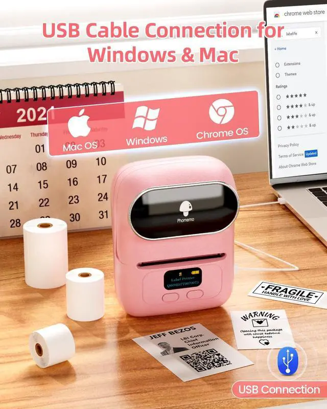 Alt view image 3 of 5 - Phomemo M110 Thermal Label Printer with 1 Roll 1.97"x1.18"(50x30mm) Squere Labels, Barcode Label Maker for Snamll Business, Logo, Address, Clothing, Portabel Sticker Printer with 300+ templates, Pink