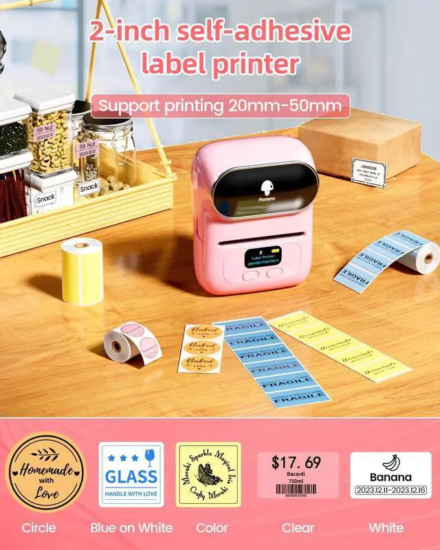 Alt view image 4 of 5 - Phomemo M110 Thermal Label Printer with 1 Roll 1.97"x1.18"(50x30mm) Squere Labels, Barcode Label Maker for Snamll Business, Logo, Address, Clothing, Portabel Sticker Printer with 300+ templates, Pink