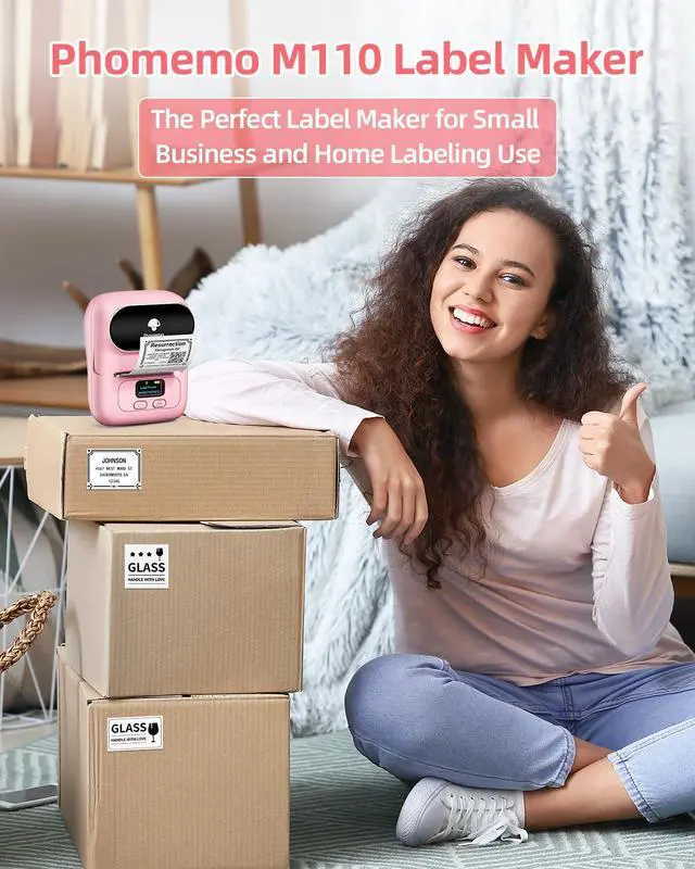 Alt view image 5 of 5 - Phomemo M110 Thermal Label Printer with 1 Roll 1.97"x1.18"(50x30mm) Squere Labels, Barcode Label Maker for Snamll Business, Logo, Address, Clothing, Portabel Sticker Printer with 300+ templates, Pink