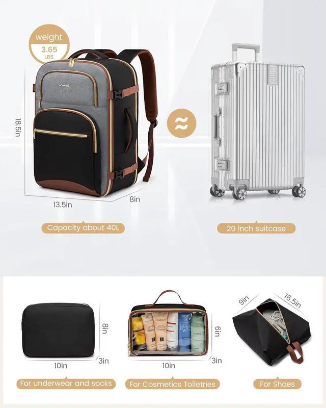 Alt view image 5 of 5 - LOVEVOOK Travel Essentials Carry on Backpack 40L Travels Backpack for Women,Waterproof TSA Personal Item Travels Bag Airline Flight Approved,Large Carry on Luggage Laptop Backpack with Packing Cubes