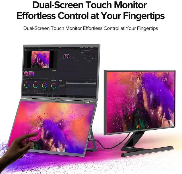 Alt view image 2 of 5 - UPERFECT Delta 18.5" 100Hz Touchscreen Dual Portable Monitor, Laptop Screen Extender Stacked Triple Folding Monitor with Stand & VESA for Laptop PC Phone Game Console (No Driver Needed)