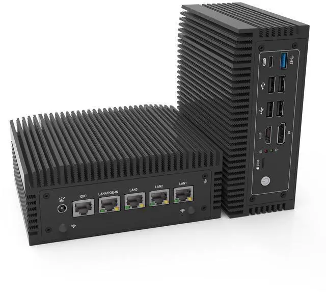Main image of Fanless N100 Industrial Mini PC Micro Firewall Appliance, 4 * 2.5Gbe i225 LAN Ports POE in Mini Computer 8GB DDR4 RAM 128GB SATA SSD, USB-C/5*USB/SIM Slot/HD+DP/Home Network Pfsense Router