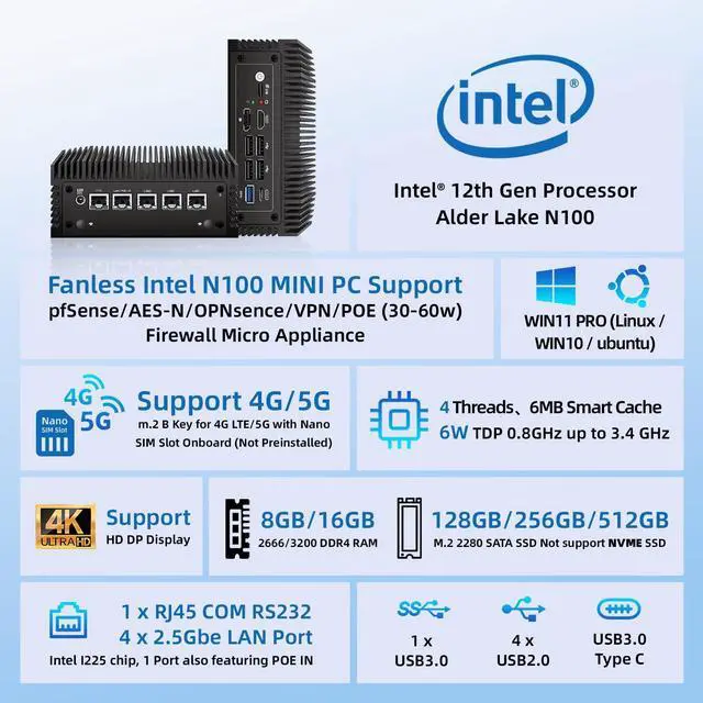 Alt view image 2 of 5 - Fanless N100 Industrial Mini PC Micro Firewall Appliance, 4 * 2.5Gbe i225 LAN Ports POE in Mini Computer 8GB DDR4 RAM 128GB SATA SSD, USB-C/5*USB/SIM Slot/HD+DP/Home Network Pfsense Router