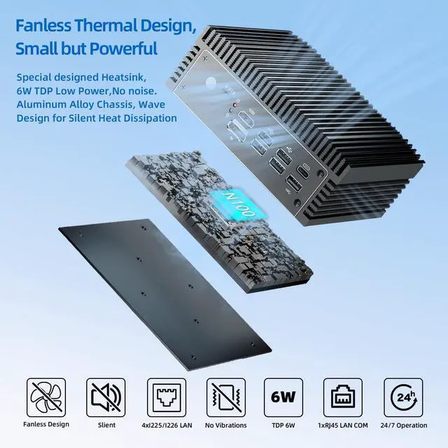 Alt view image 3 of 5 - Fanless N100 Industrial Mini PC Micro Firewall Appliance, 4 * 2.5Gbe i225 LAN Ports POE in Mini Computer 8GB DDR4 RAM 128GB SATA SSD, USB-C/5*USB/SIM Slot/HD+DP/Home Network Pfsense Router