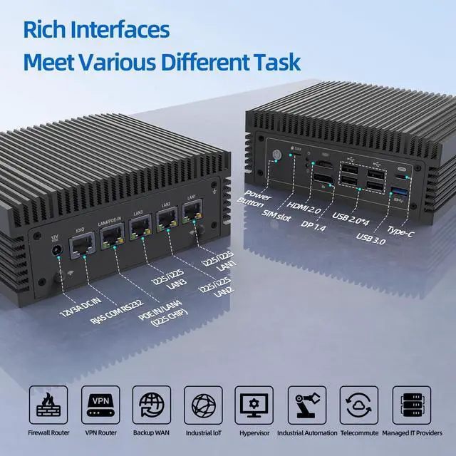 Alt view image 4 of 5 - Fanless N100 Industrial Mini PC Micro Firewall Appliance, 4 * 2.5Gbe i225 LAN Ports POE in Mini Computer 8GB DDR4 RAM 128GB SATA SSD, USB-C/5*USB/SIM Slot/HD+DP/Home Network Pfsense Router