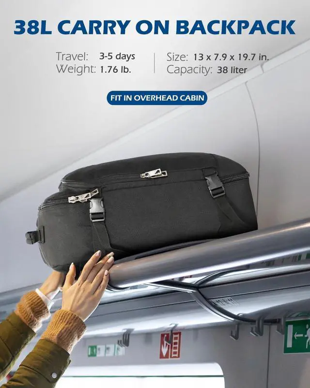 Alt view image 3 of 5 - Hynes Eagle Carry on Backpack 38L Large Travel Backpack for Women Flight Approved Weekender Bag Laptop Backpack Men 15 inches Black with 3PCS Packing Cubes Set Black