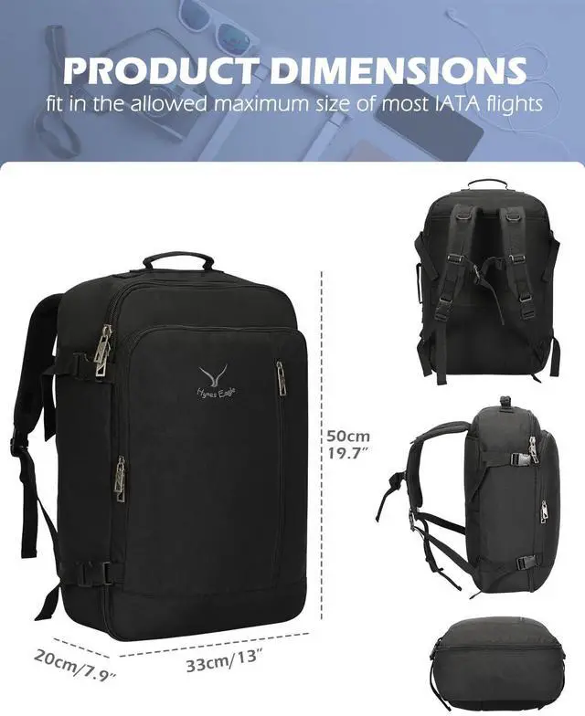 Alt view image 5 of 5 - Hynes Eagle Carry on Backpack 38L Large Travel Backpack for Women Flight Approved Weekender Bag Laptop Backpack Men 15 inches Black with 3PCS Packing Cubes Set Black
