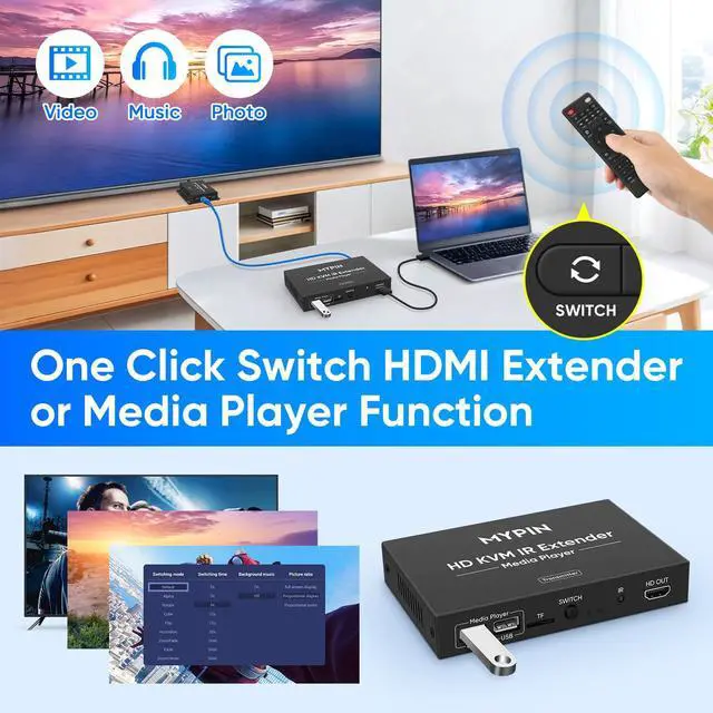Alt view image 2 of 5 - 1080P HDMI KVM Extender Over Cat 6/7/8 Cable up to 492 ft, HD Digital Media Player for USB Drives,HDMI Extender with 3.5mm Audio & Loop Out, Supports IR Remote, Support for One to Many Connection