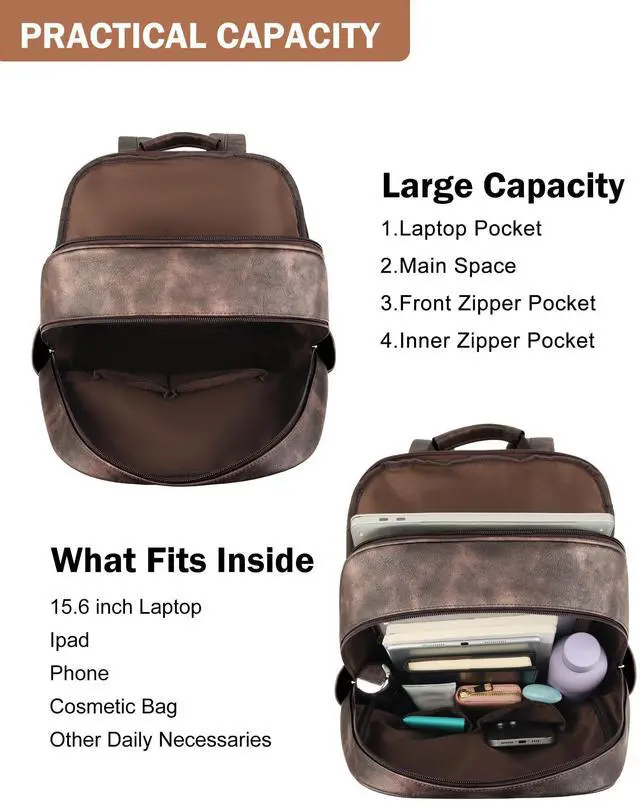 Alt view image 3 of 5 - MASINTOR 15.6 inch Leather Laptop Backpack Purse for Women, Designer Travel and Work Bag with Laptop Compartment Retro Coffee