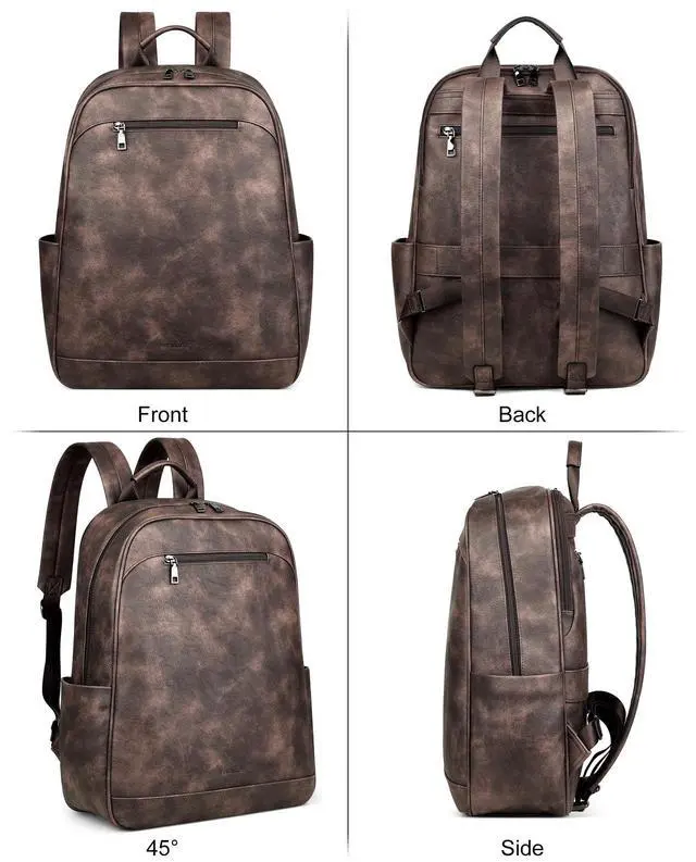 Alt view image 4 of 5 - MASINTOR 15.6 inch Leather Laptop Backpack Purse for Women, Designer Travel and Work Bag with Laptop Compartment Retro Coffee