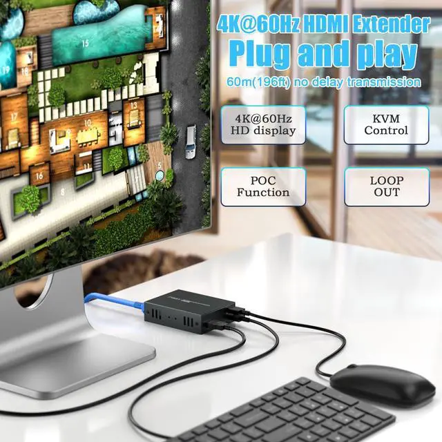 Alt view image 2 of 5 - 4K HDMI KVM USB Extender, 60m HDMI Over Ethernet Cat5e Cat6, Transmit 4K@60Hz Video Zero Latency