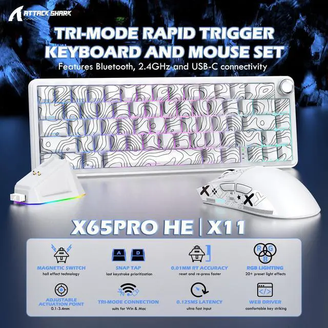 Alt view image 2 of 5 - Attack Shark X65PRO HE & X11 Gaming Combo,Hall Effect Magnetic Keyboard & Ultralight Mouse with RGB Charging Dock,8K Polling,22K DPI,Tri-Mode Wireless,Hot-Swappable, for Win/Mac/Linux-White