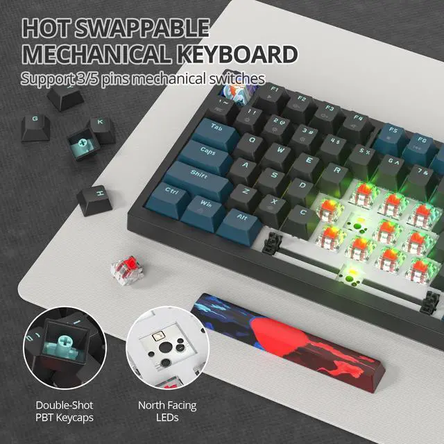 Alt view image 2 of 5 - iRoboosta 75% Mechanical Gaming Keyboard, Hot Swappable RGB Backlit Custom With Knob, Gasket Mount USB Wired, 82 Keys Black Blue Linear Red Switch (82 Black Blue)