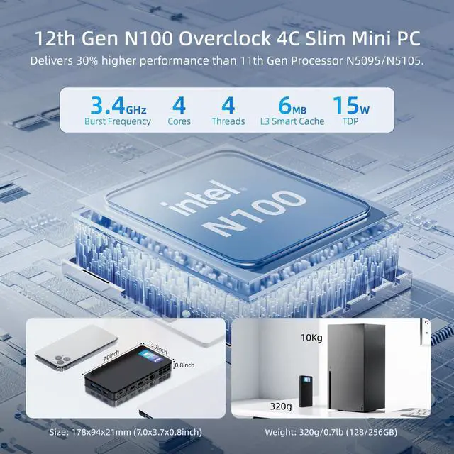 Alt view image 2 of 5 - MeLE Overclock4C Mini PC, 12th Alder Lake-N100(up to 3.4GHz,4C/4T), 32GB DDR4 512GB Micro Desktop Computer, 4K Triple Display, All-in-one USB-C, USB3.2/WiFi/BT/Ethernet on Business Home Office