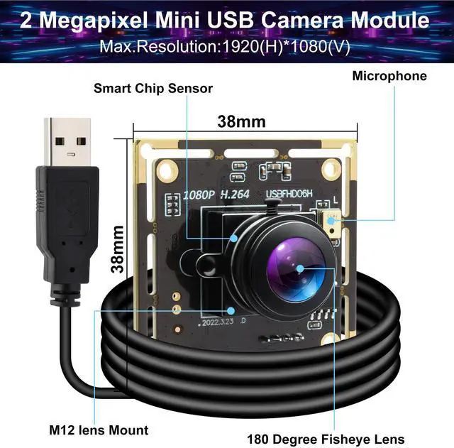 Alt view image 5 of 5 - QILOVE Fisheye USB Camera H.264 Wide Angle Low Light Full HD 1080P 30fps Small Video Camera with MIC for Lightburn 3D Printer PC Windows Android Linux Mac OS(Industrial Use, Video Monitoring)