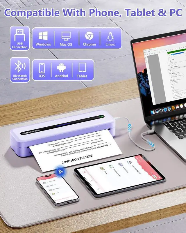 Alt view image 2 of 5 - Itari M832 Portable Printer for Travel with Case and 4 Rolls Paper, Inkless Thermal Printer, Support 8.5" x 11" A4 & US Letter, Wireless Compatible with iPhone, Android, Laptop, Purple