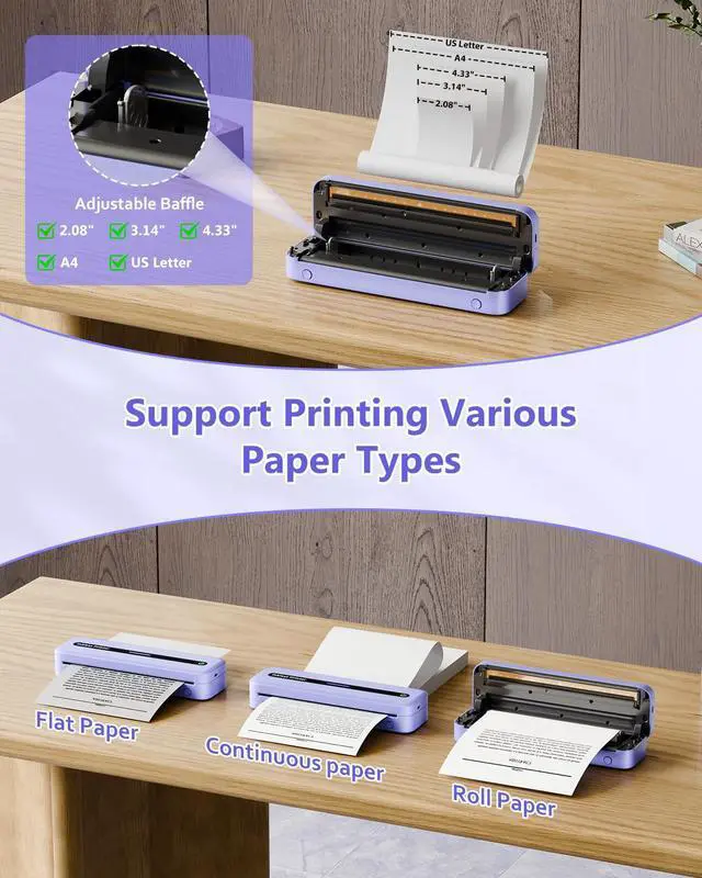 Alt view image 3 of 5 - Itari M832 Portable Printer for Travel with Case and 4 Rolls Paper, Inkless Thermal Printer, Support 8.5" x 11" A4 & US Letter, Wireless Compatible with iPhone, Android, Laptop, Purple