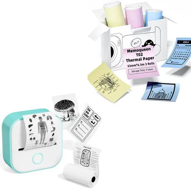 Main image of Memoqueen T02 Pocket Thermal Photo Printer with Pink/Yellow/Blue Thermal Paper, Non-Adhesive Color Paper,2.08" x 21.3' (53mmx 6.5m/roll), Black Text, Keep for 5 Years, Compatible with iOS & Android