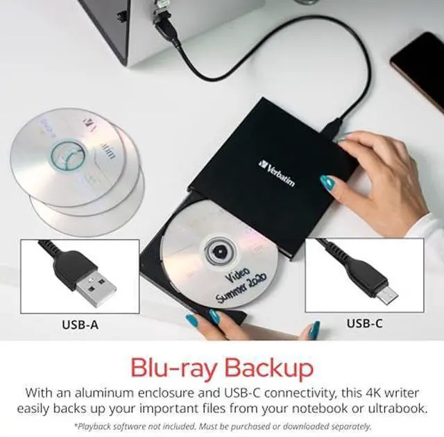 Alt view image 3 of 5 - Verbatim Ultra HD 4K CD DVD Blu-ray Writer USB 3.2 GEN 1 USB-C Connectivity Slim Brushed Metal Enclosure Compatible with Mac and PC with Free 25GB Blu-ray disc