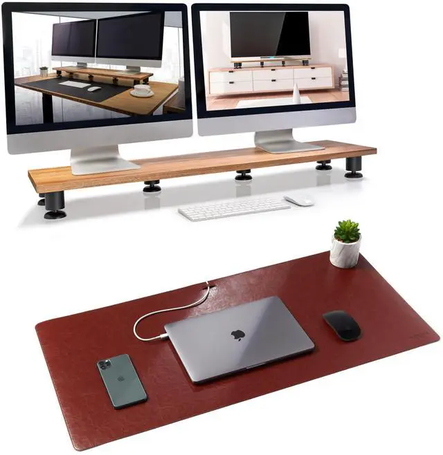 Main image of Dual Monitor Riser and Brown Leather Desk Mat Bundle - Premium Handmade Hardwood Acacia - Large Leather Desk Pad Protector Blotter