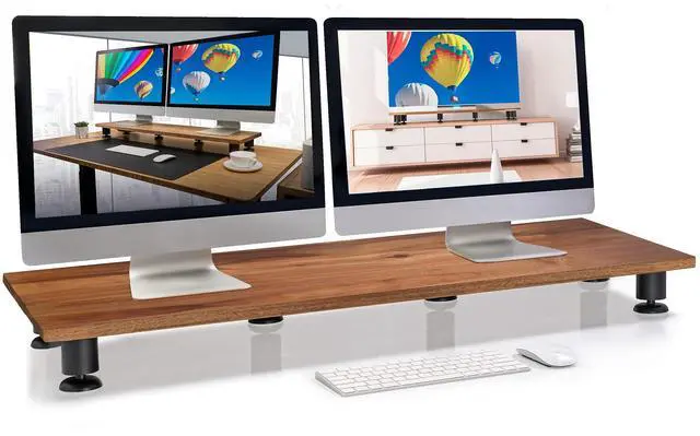 Alt view image 2 of 5 - Dual Monitor Riser and Brown Leather Desk Mat Bundle - Premium Handmade Hardwood Acacia - Large Leather Desk Pad Protector Blotter