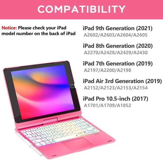 Alt view image 2 of 5 - NOKBABO iPad 9th Generation Case with Keyboard 360deg Rotatable Touchpad and 7 Color Backlight & Pencil Holder for iPad 9th/8th/7th Gen 10.2 inch & iPad Air 3rd Gen/iPad Pro 10.5 inch - Peach Pink