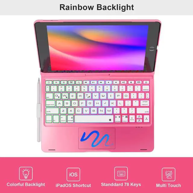 Alt view image 4 of 5 - NOKBABO iPad 9th Generation Case with Keyboard 360deg Rotatable Touchpad and 7 Color Backlight & Pencil Holder for iPad 9th/8th/7th Gen 10.2 inch & iPad Air 3rd Gen/iPad Pro 10.5 inch - Peach Pink