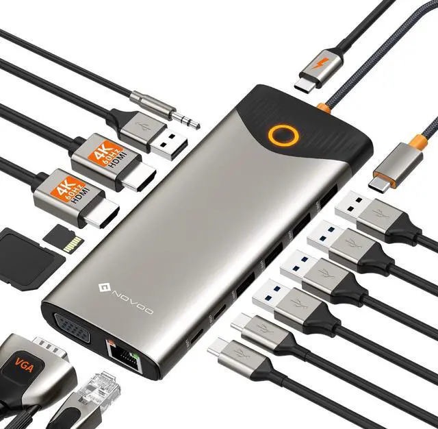 Main image of NOVOO USB C Docking Station Dual Monitor, 15 in 1 Docking Station 3 Monitors with 2 HDMI,VGA,USB C/A Ports, 100W PD, RJ45, SD/TF and Audio, Multiport Adapter for MacBook/Dell/iPhone/iPad/HP/Lenovo