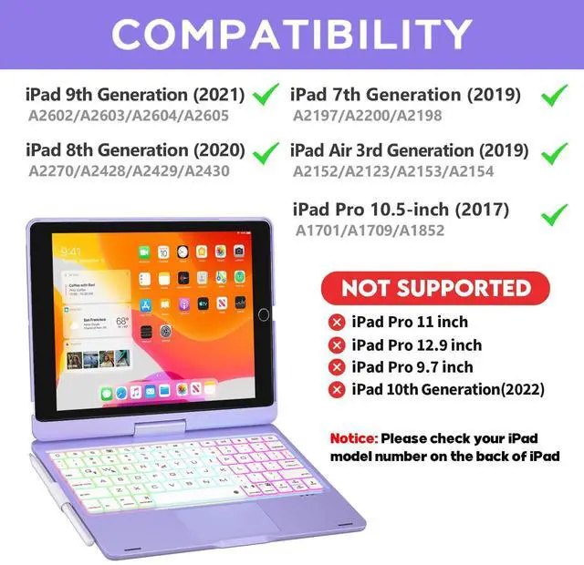 Alt view image 2 of 5 - NOKBABO iPad 9th Generation Case with Keyboard 360deg Rotatable Touchpad and 7 Color Backlight & Pencil Holder for iPad 9th/8th/7th Gen 10.2 inch & iPad Air 3rd Gen/iPad Pro 10.5 inch - Light Purple
