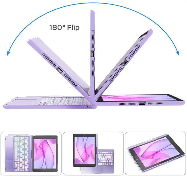 Alt view image 4 of 5 - NOKBABO iPad 9th Generation Case with Keyboard 360deg Rotatable Touchpad and 7 Color Backlight & Pencil Holder for iPad 9th/8th/7th Gen 10.2 inch & iPad Air 3rd Gen/iPad Pro 10.5 inch - Light Purple