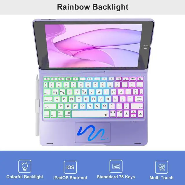 Alt view image 5 of 5 - NOKBABO iPad 9th Generation Case with Keyboard 360deg Rotatable Touchpad and 7 Color Backlight & Pencil Holder for iPad 9th/8th/7th Gen 10.2 inch & iPad Air 3rd Gen/iPad Pro 10.5 inch - Light Purple